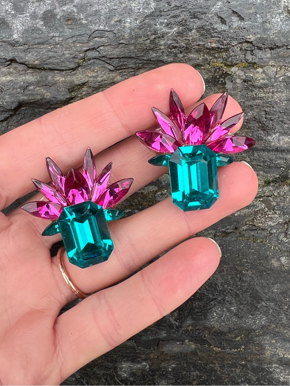 Vintage Michele Sugar Statement Clip-On Earrings Neon Crystal 1980s Signed